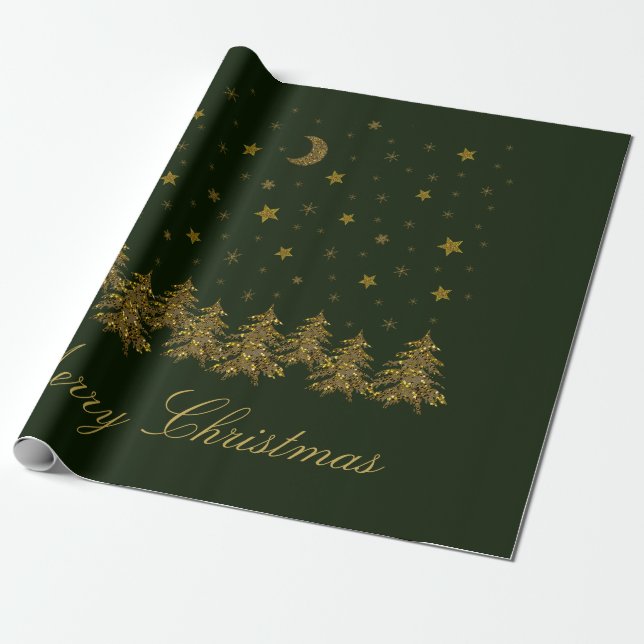 Papel De Presente Árvore de Natal de ouro faísca, lua, estrelas em v (Desenrolado)