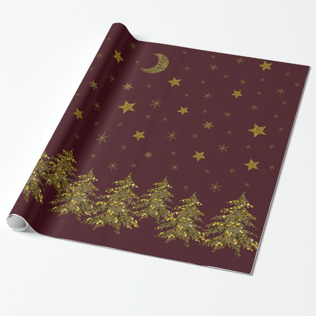 Papel De Presente Árvore de Natal de ouro faísca, lua, estrelas em v (Desenrolado)