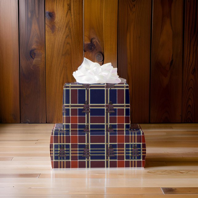Papel De Presente Árvore de Natal de Tartan Xadrez Azul (Criador carregado)