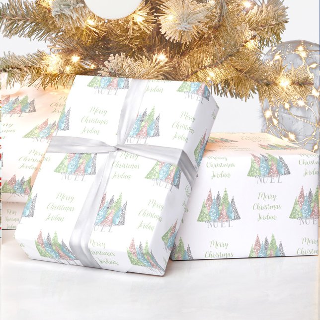 Papel De Presente Árvore de Natal do Pastel Elegante Natal (Elegant Pastel Glitter Christmas Tree Christmas Wrapping Paper)
