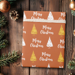 Papel De Presente Árvore de Natal Dourada Branca Terracota Personali