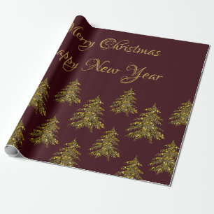 Papel De Presente Árvore de Natal dourada brilhante no Natal vermelh