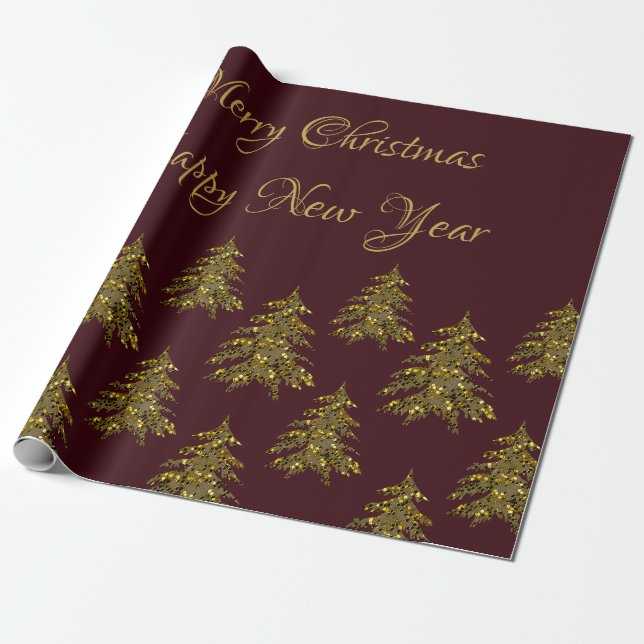 Papel De Presente Árvore de Natal dourada brilhante no Natal vermelh (Desenrolado)