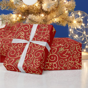Papel De Presente Árvore de Natal Dourada e Estrelas em Vermelho