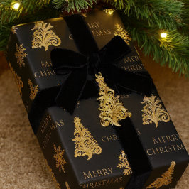 Papel De Presente Árvore de Natal Dourada Floco de Neve em Preto