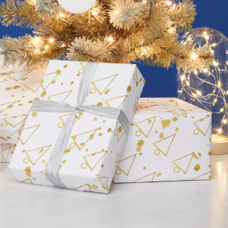 Papel De Presente Árvore de Natal Dourada Padrão Geométrico