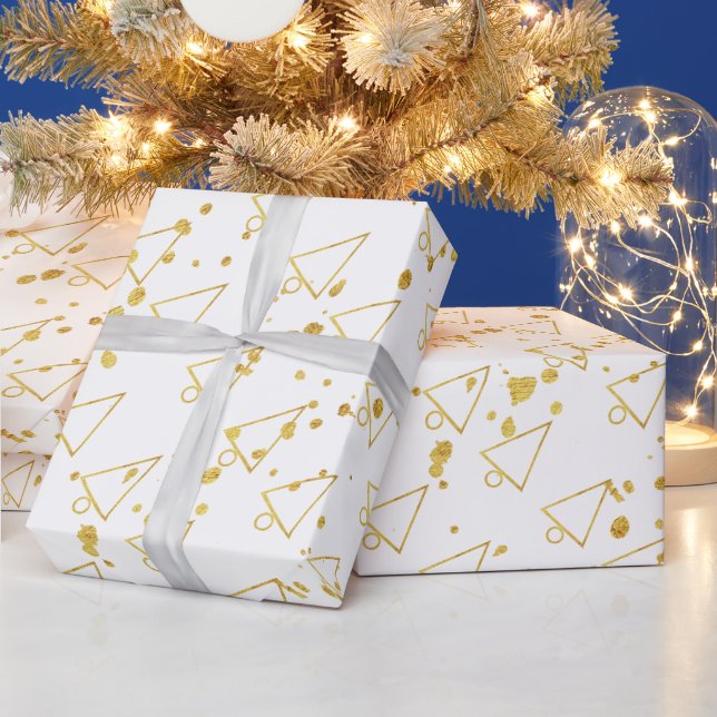 Papel De Presente Árvore de Natal Dourada Padrão Geométrico (Feriados)