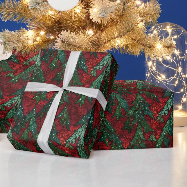 Papel De Presente Árvore de Natal Dramática Gótica com Brilho Vermel (Feriados)