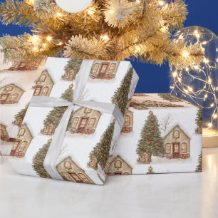 Papel De Presente Árvore de Natal e Cabana de Inverno Aconchegante 