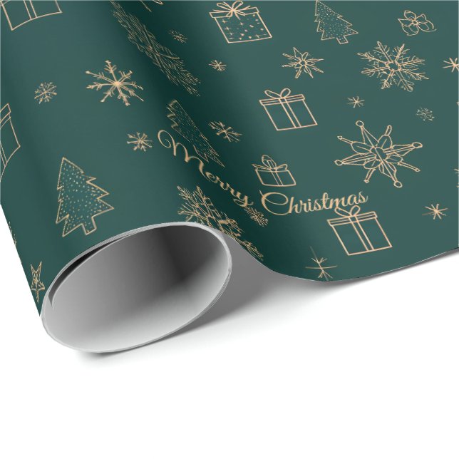 Papel De Presente Árvore De Natal E Estrela Dourada Verde (Ponta do rolo)