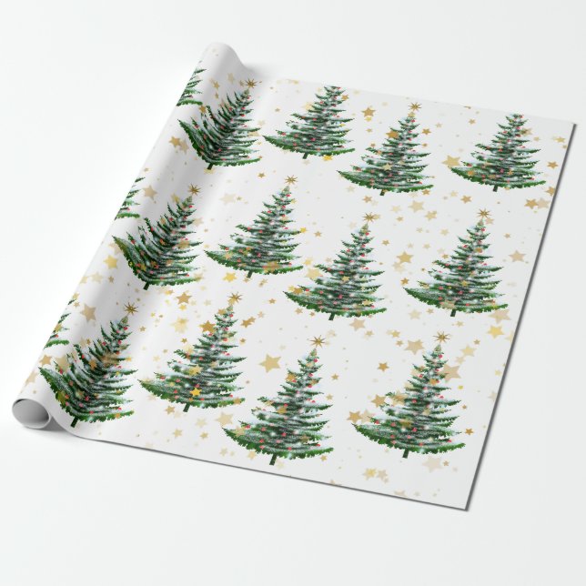 Papel De Presente Árvore de Natal e Estrelas Douradas (Desenrolado)