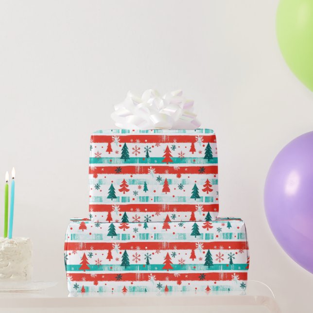 Papel De Presente Árvore de Natal e Greve Verde Vermelha (Presentes para festas)