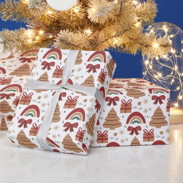 Papel De Presente Árvore de Natal e padrão moderno de Arco-íris (Feriados)