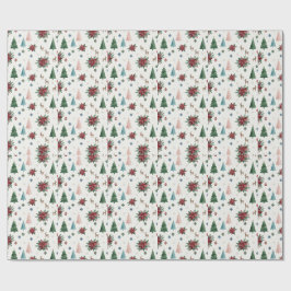 Papel De Presente Árvore de Natal e Poinsettia em Aquarela Elegante