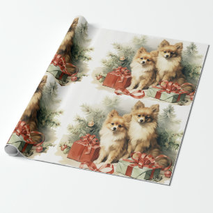 Papel De Presente Árvore de Natal e Presentes de Cães Pomeranianos