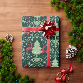 Papel De Presente Árvore de Natal e Reindeer - Arte Folk - Verde