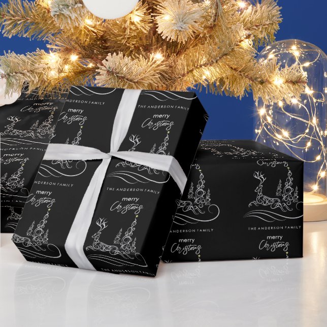 Papel De Presente Árvore de Natal e Rena Elegantes Modernos Feliz Na (Feriados)