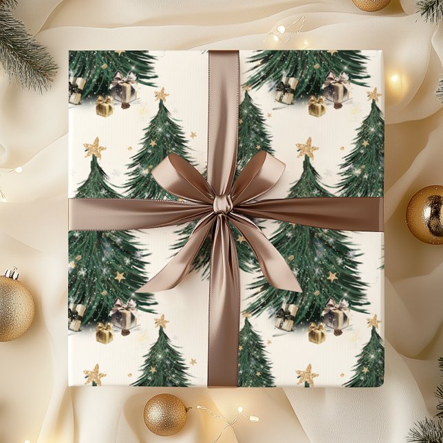 Papel De Presente Árvore de Natal Elegante com Brilho Dourado (Criador carregado)