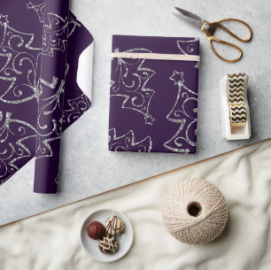 Papel De Presente Árvore de Natal Elegante com Purpurina Prateada e