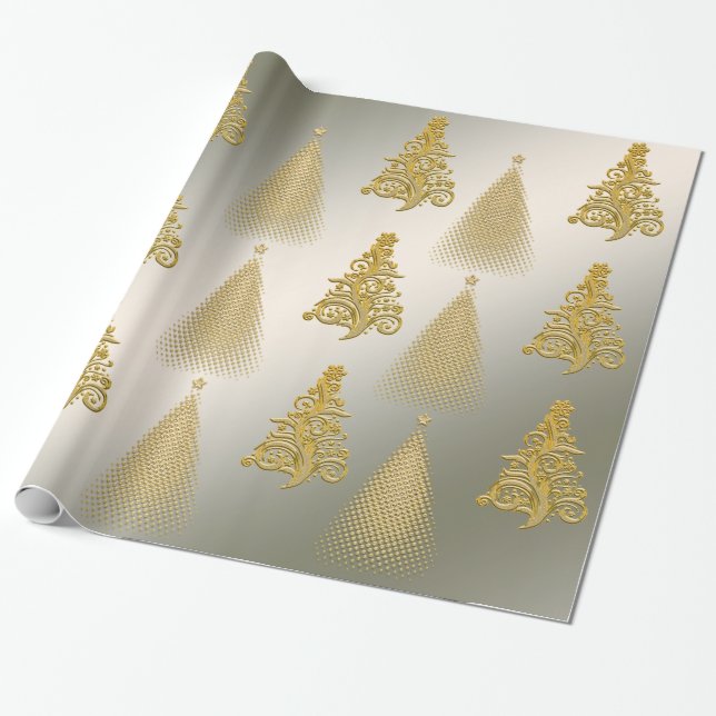 Papel De Presente Árvore de Natal Elegante Dourada e Prateada (Desenrolado)