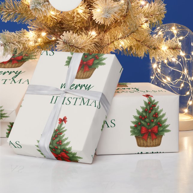 Papel De Presente Árvore de Natal Elegante – Fita Vermelha  (Feriados)