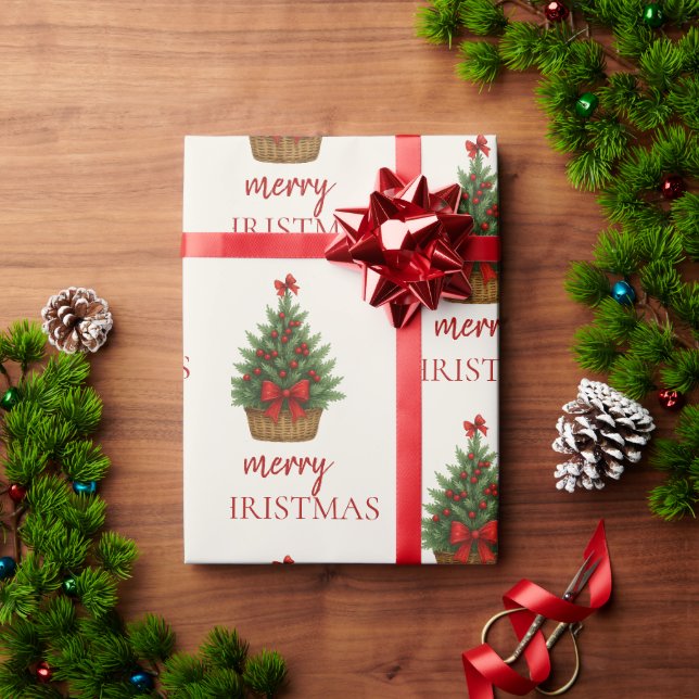 Papel De Presente Árvore de Natal Elegante – Fita Vermelha  (Presente de Natal)