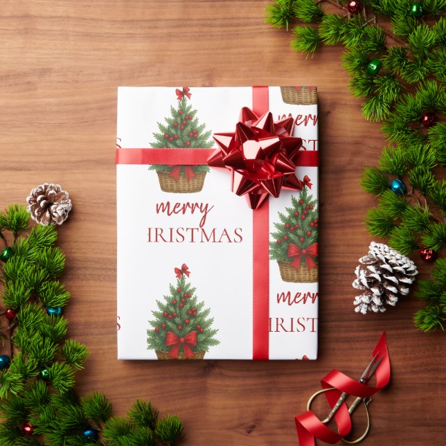 Papel De Presente Árvore de Natal Elegante – Fita Vermelha (Presente de Natal)