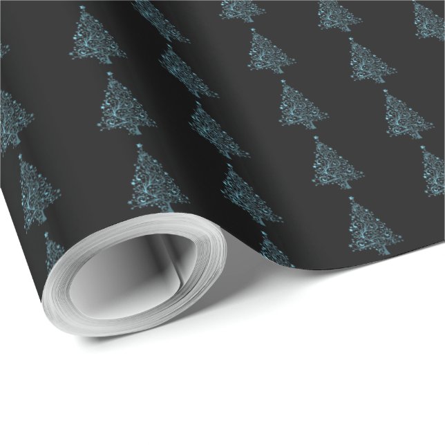 Papel De Presente Árvore de Natal Elegante Padrão Strike Black Blue (Ponta do rolo)