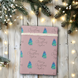 Papel De Presente Árvore de Natal Elegante Rosa Poeirenta Personaliz