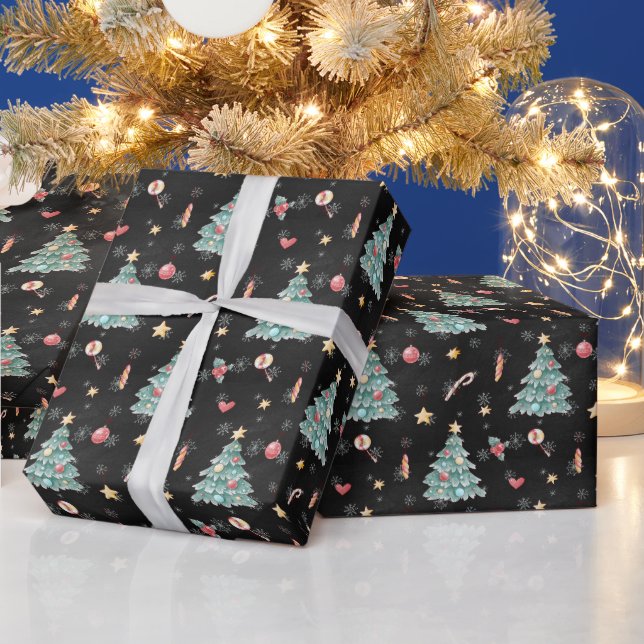 Papel De Presente Árvore de Natal em Aquarela Caprichosa (Feriados)