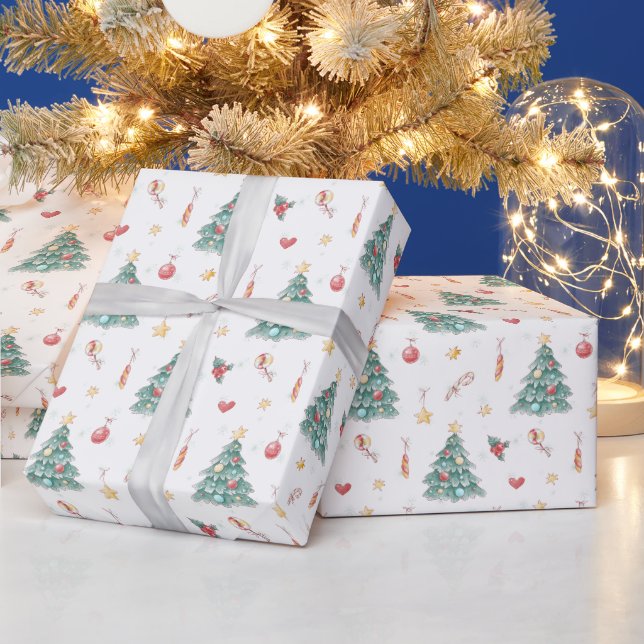 Papel De Presente Árvore de Natal em Aquarela Caprichosa (Feriados)