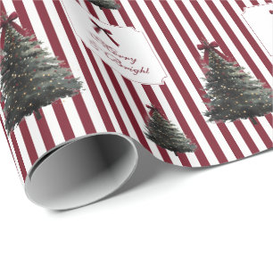 Papel De Presente Árvore de Natal em Aquarela com Laço de Listras Ve
