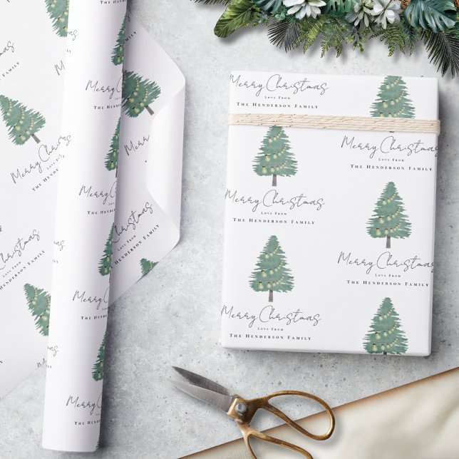 Papel De Presente Árvore de Natal em Aquarela Elegante Personalizada (Personalized family name merry Christmas watercolor whimsical tree green & white wrapping paper)