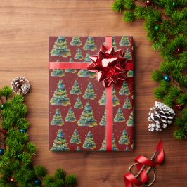 Papel De Presente Árvore de Natal em Aquarela Floco de Neve Desenho