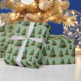 Papel De Presente Árvore de Natal em Aquarela Floco de Neve Desenho