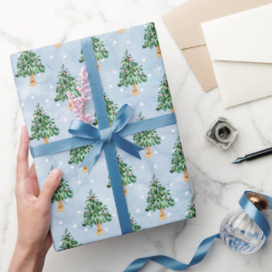 Papel De Presente Árvore de Natal em Aquarela Flocos de Neve Inverno