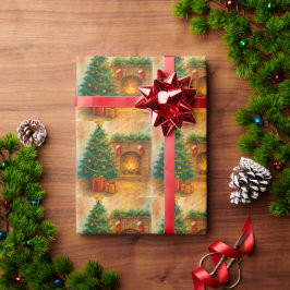 Papel De Presente Árvore de Natal em Aquarela & Lareira Aconchegante