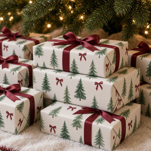 Papel De Presente Árvore de Natal em Aquarela Vintage com Laço Borgo