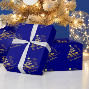 Papel De Presente Árvore de Natal em azul naval elegante com folha d