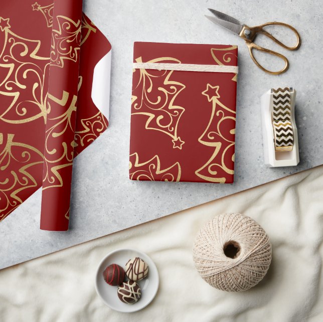 Papel De Presente Árvore de Natal em Faux Foil Vermelho e Dourado El (Artesanato)