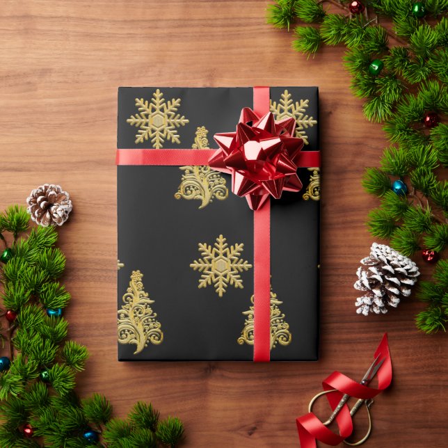 Papel De Presente Árvore de Natal em floco de neve em ouro elegante  (Presente de Natal)