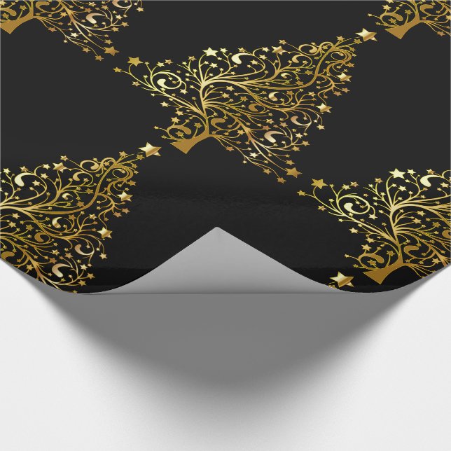 Papel De Presente Árvore de Natal Feliz Estrelas Douradas Chic Negra (Ponta)