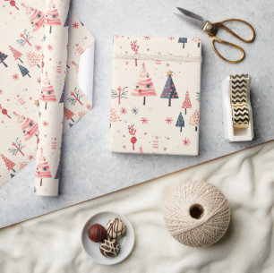 Papel De Presente Árvore de Natal Festiva Cor-de-Rosa, Vermelha e Az