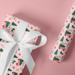 Papel De Presente Árvore de Natal Festiva Rosa Vintage Retro Van