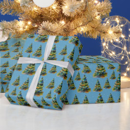Papel De Presente Árvore de Natal Floco de Neve Desenho Aquarela Azu