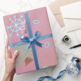 Papel De Presente Árvore de Natal Flocos de Neve de Inverno Rosa Azu