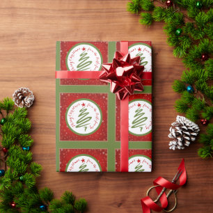 Papel De Presente Árvore de Natal Fofa e Fundo Vermelho