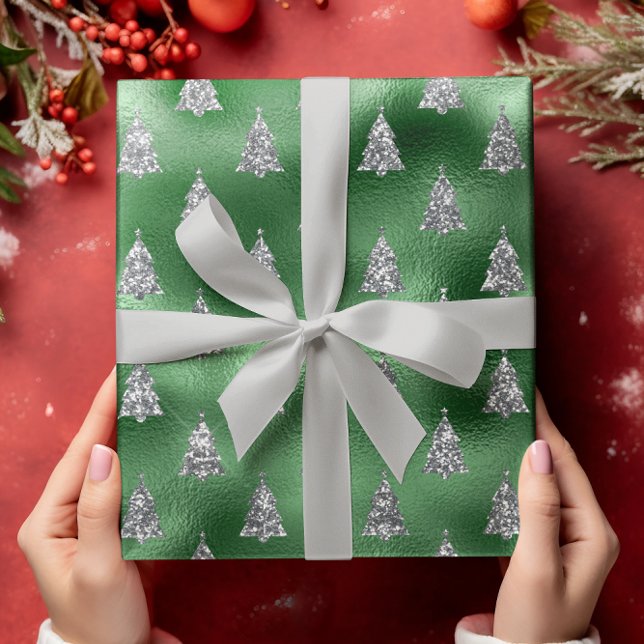 Papel De Presente Árvore de Natal Glam Prata Verde com Brilho (Criador carregado)