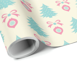 Papel De Presente Árvore de Natal, Laço e Enfeite Padrão Cores Paste