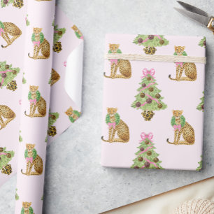 Papel De Presente Árvore de Natal Leopardo Preppy Aquarela